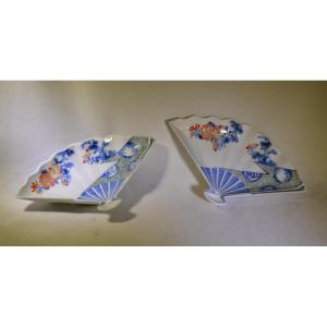 Pair Of Fan-shaped Dishes. Fukagawa Kilns, Japan. Circa 1900