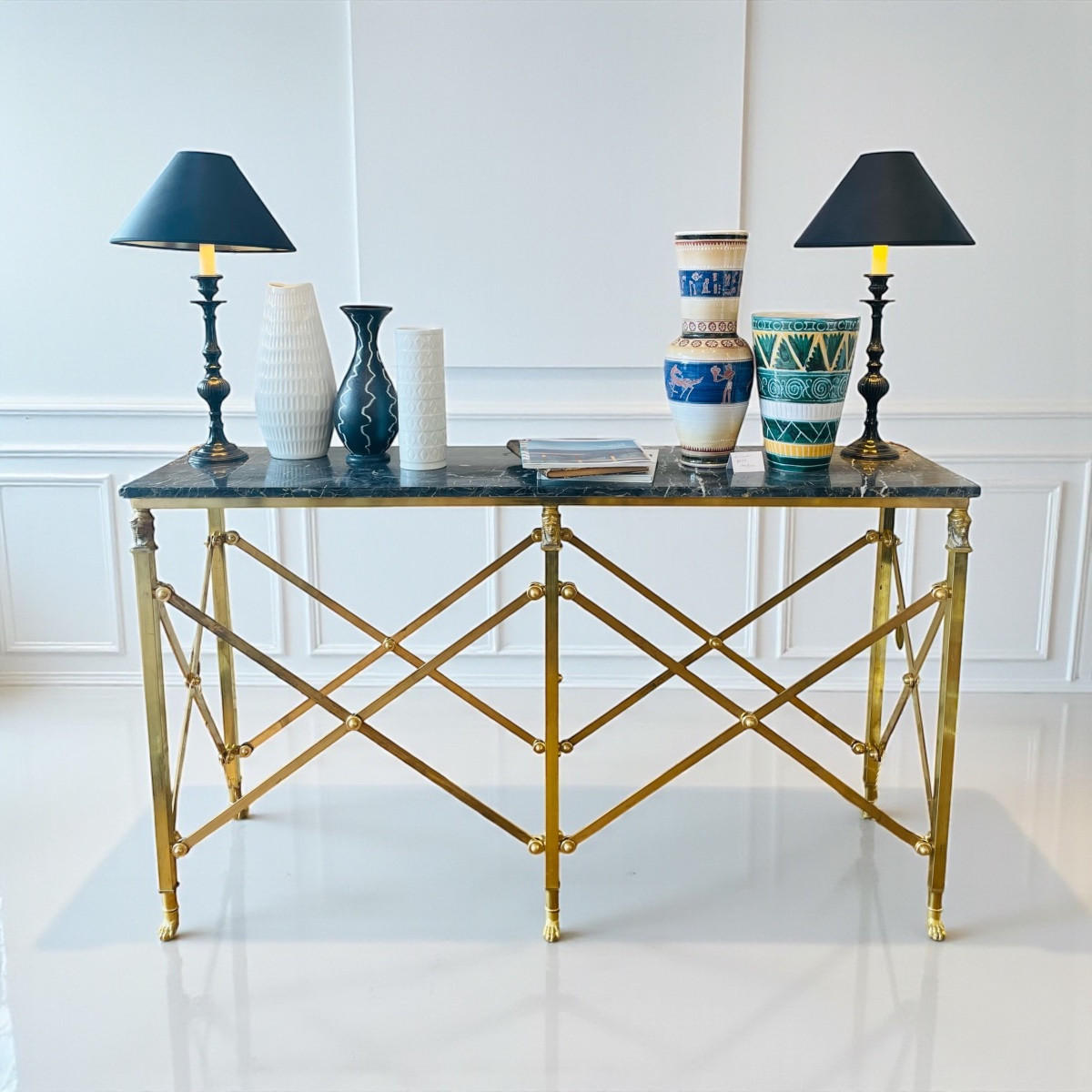 Large Double-sided Neoclassical Console In Brass And Gilt Bronze, Marble, 1960s-70s-photo-1
