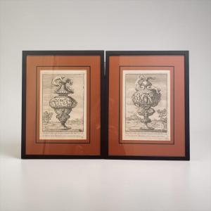 Pair Of Antique Ornamental Engravings, Vases After Polidoro Da Caravaggio, 18th C.