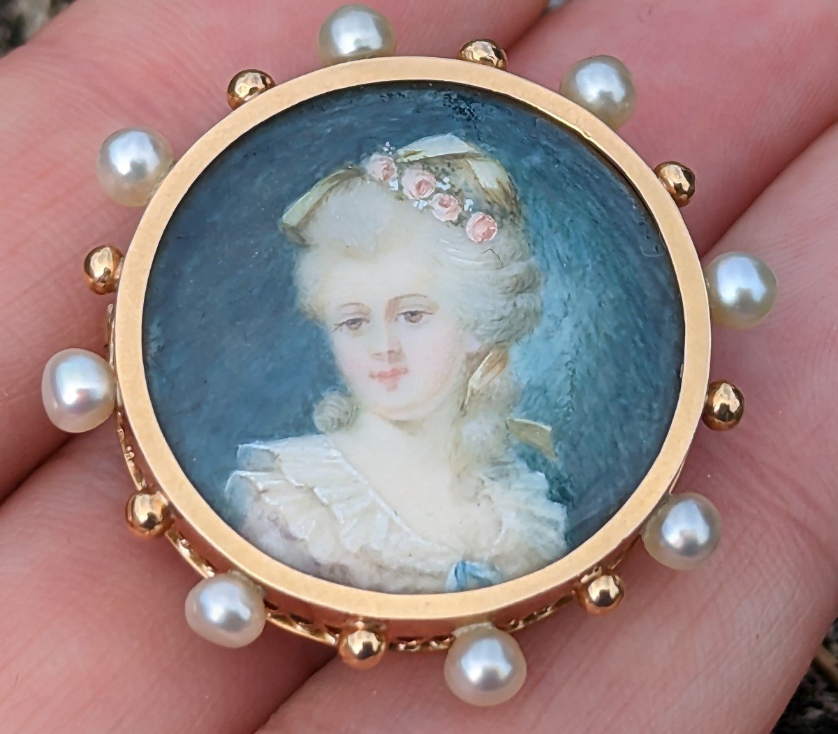 Broche Portrait Ancienne Or Et Perles