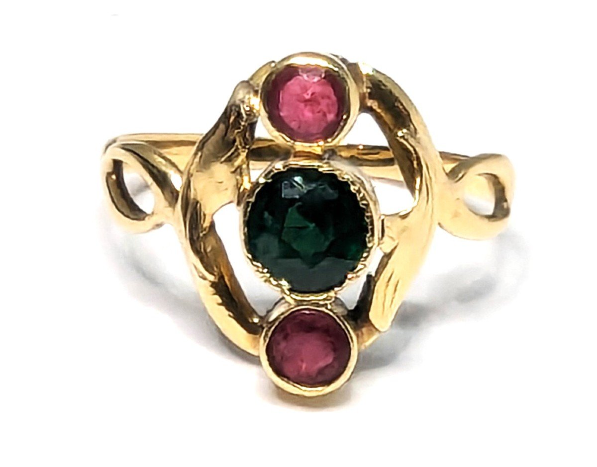 Bague Ancienne En Argent Massif Poinçonnée - Marcassites, Rubis Et Émeraude - Taille 57 - Occasion