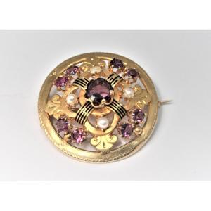 Broche Ancienne En Or 18 Carats Et Grenats