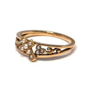 Antique 18k Gold And Pearls Cross Ring