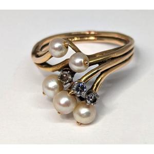 Vintage 18k Gold Pearl And Diamond Ring