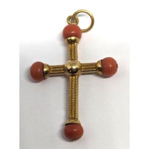 Antique 18k Gold And Coral Cross Pendant