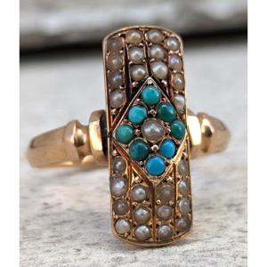 Bague Ancienne Or 18 Carats Perles Turquoises