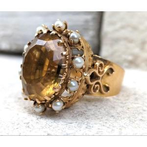 Vintage18k Yellow Gold Citrine And Cultured Pearls Cocktail Ring 