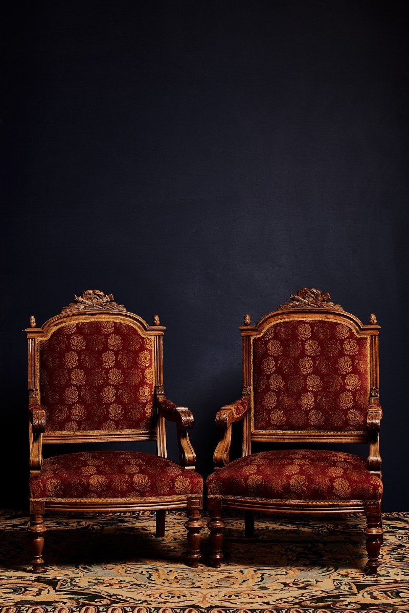 19th Century, Two Neoclassical Bergere In Walnut Wood And Carved Parts 