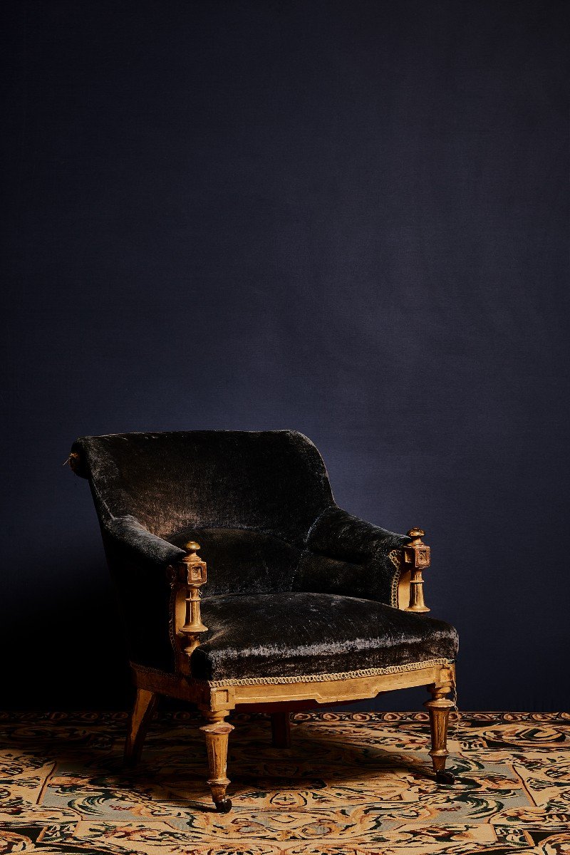 Late 19th Century Pair Of Blue Velvet Armchairs With Wooden Shell And Carved -photo-2