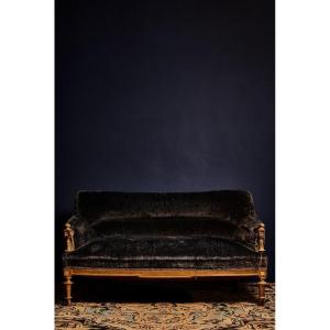 Late 19th Century Blue Velvet Sofa With Wooden Shell And Carved And Gilded Feet
