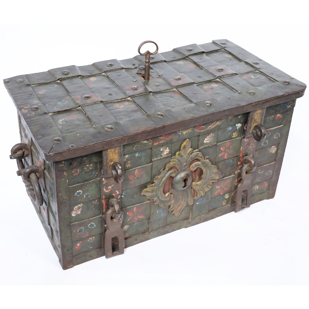 Un coffre-fort Allemand en fer forgé et en tôle emboutie, peint en polychrome, XVIIe siecle-photo-2