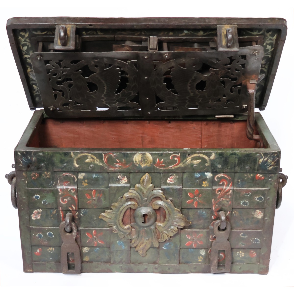 Un coffre-fort Allemand en fer forgé et en tôle emboutie, peint en polychrome, XVIIe siecle-photo-4