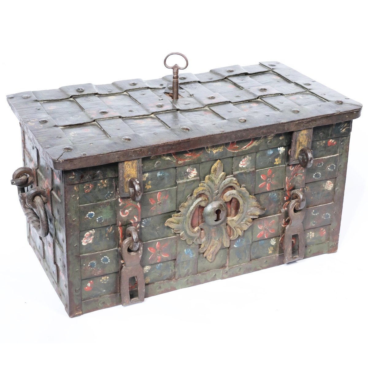 A German Wrought Iron And Embossed Sheet Metal Strongbox, Painted In Polychrome, 17th Century-photo-1