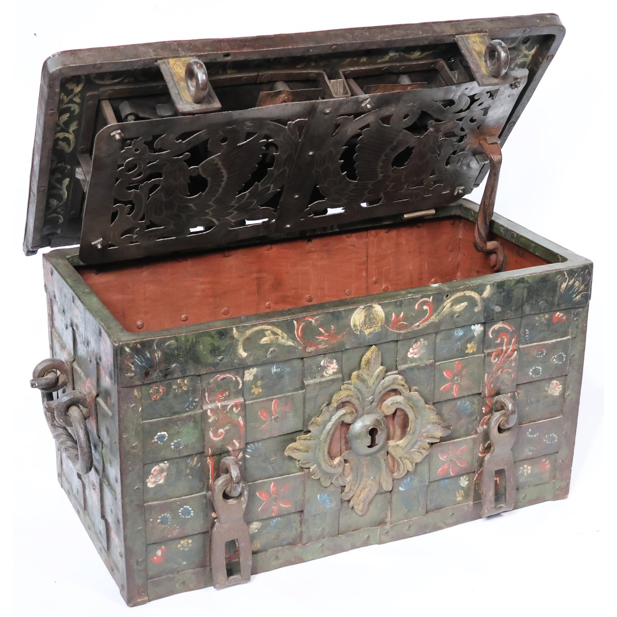 A German Wrought Iron And Embossed Sheet Metal Strongbox, Painted In Polychrome, 17th Century-photo-2