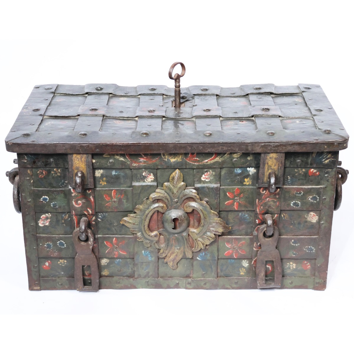 A German Wrought Iron And Embossed Sheet Metal Strongbox, Painted In Polychrome, 17th Century