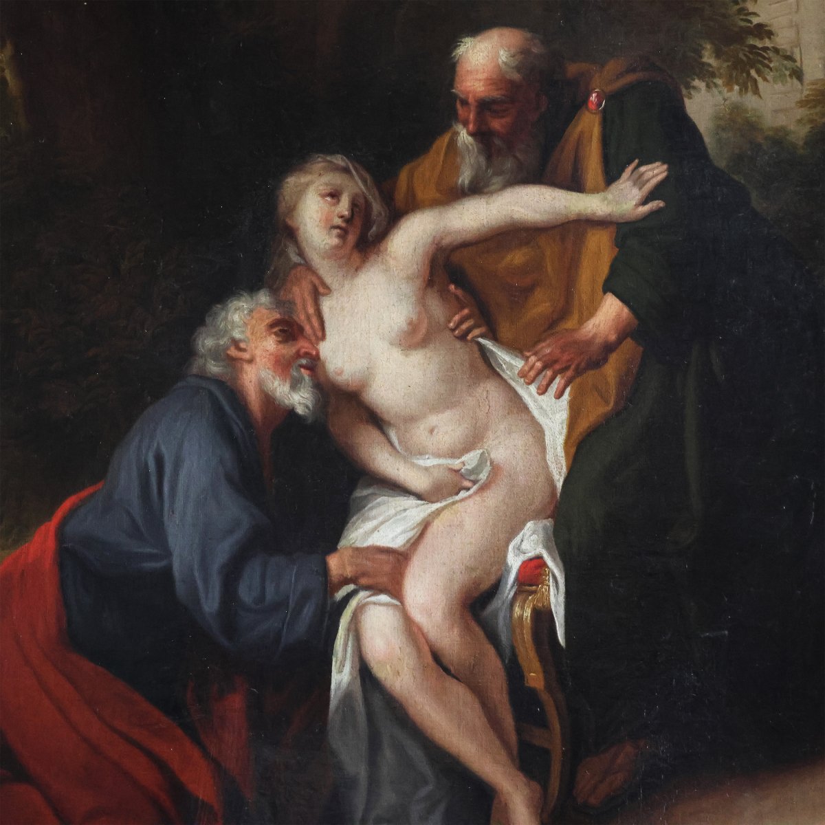 École Française ; Suzanne et les Vieillards, XVIIIe siècle, huile sur toile-photo-3