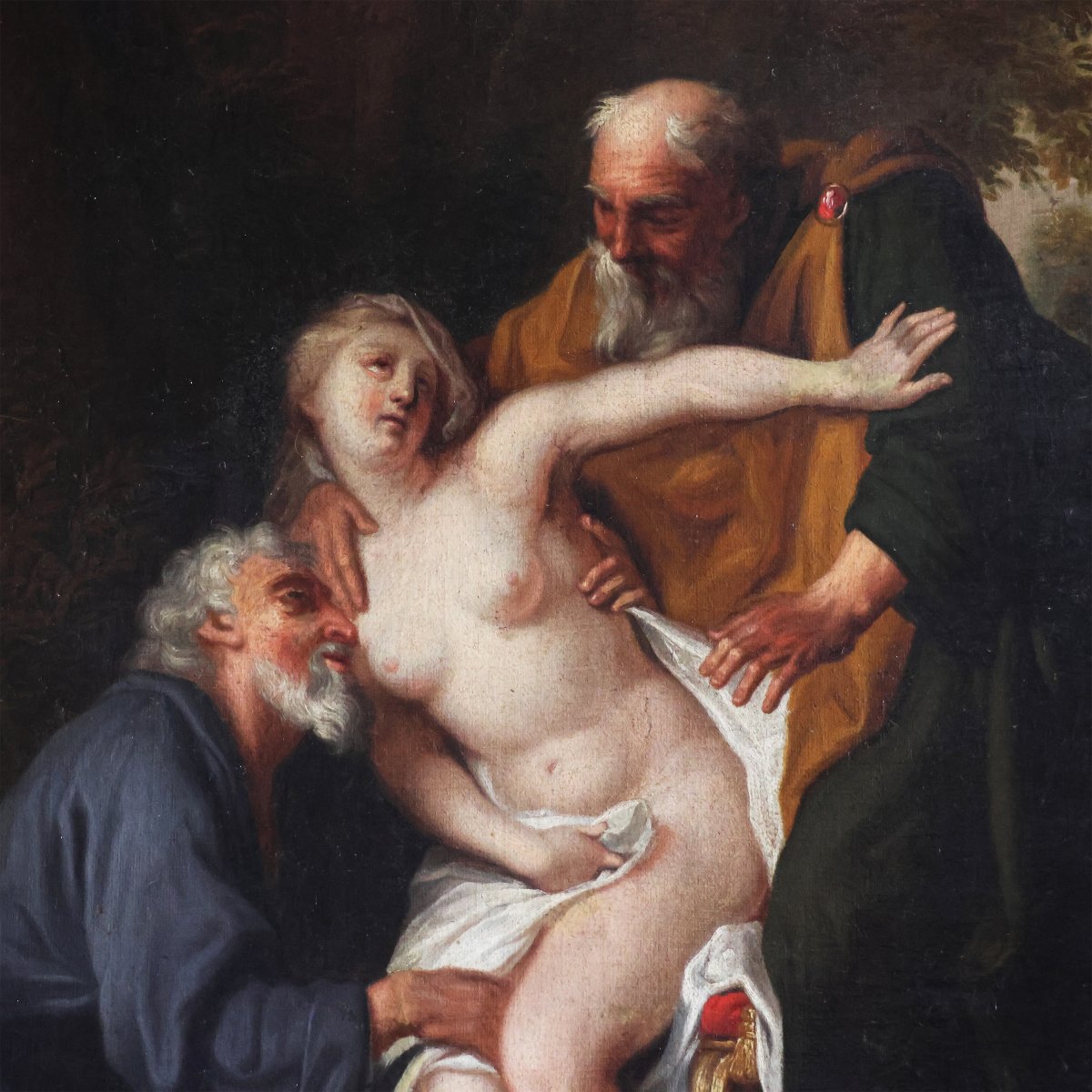École Française ; Suzanne et les Vieillards, XVIIIe siècle, huile sur toile-photo-4