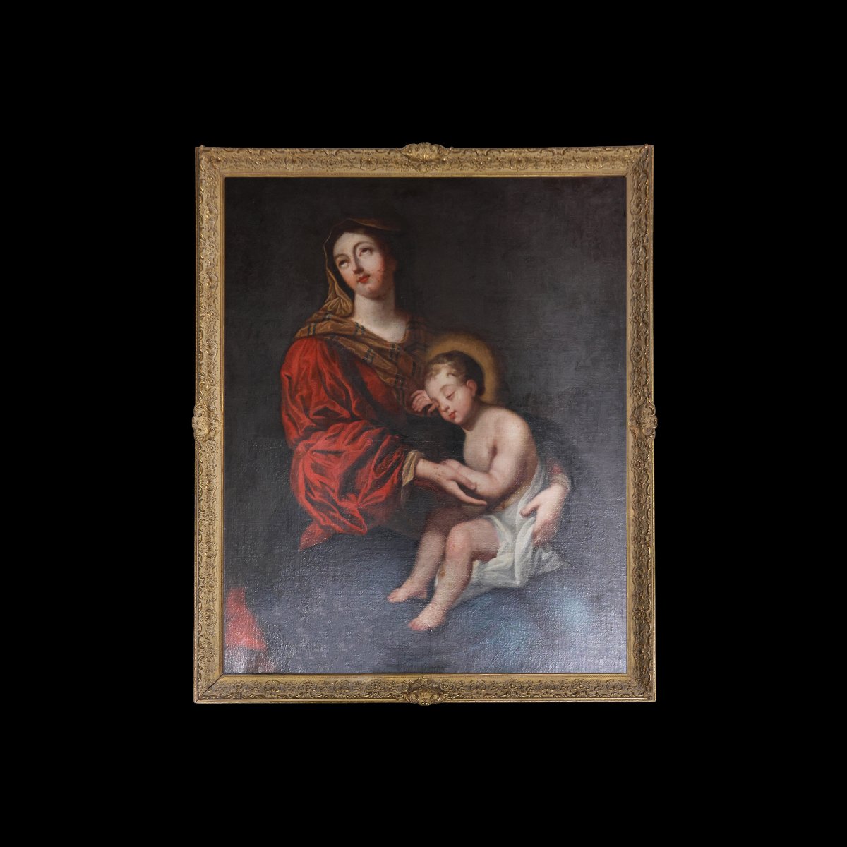 École française; Vierge à l’Enfant, XVIIᵉ siècle, huile sur toile-photo-3