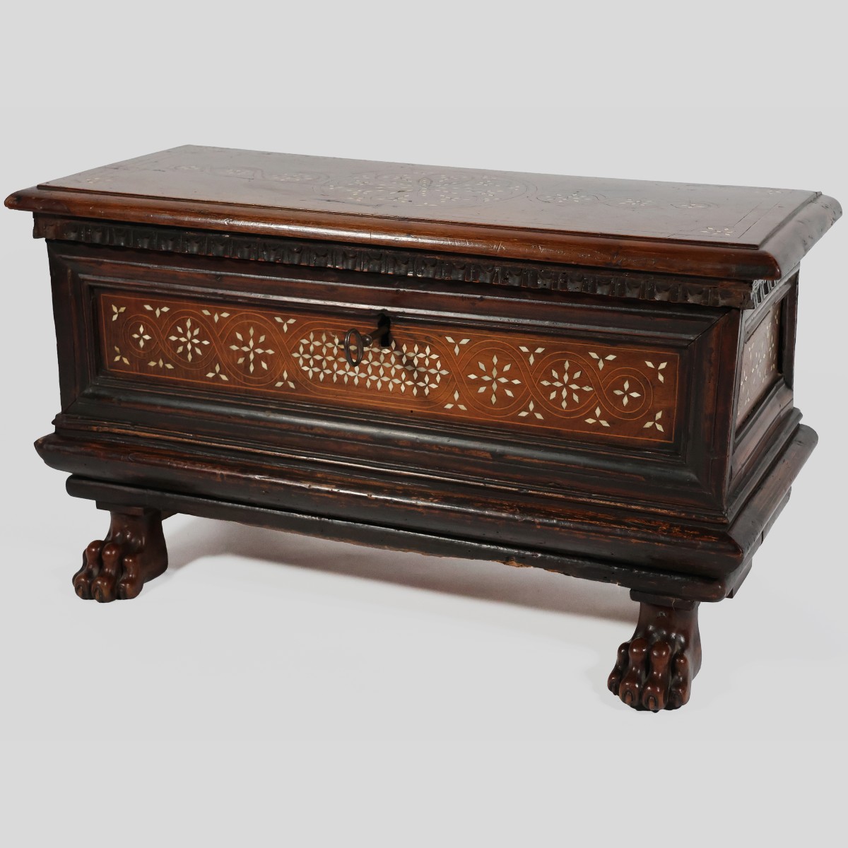 An Italian Carved Walnut Wood Chest With Bone Inlayds, 17th Century