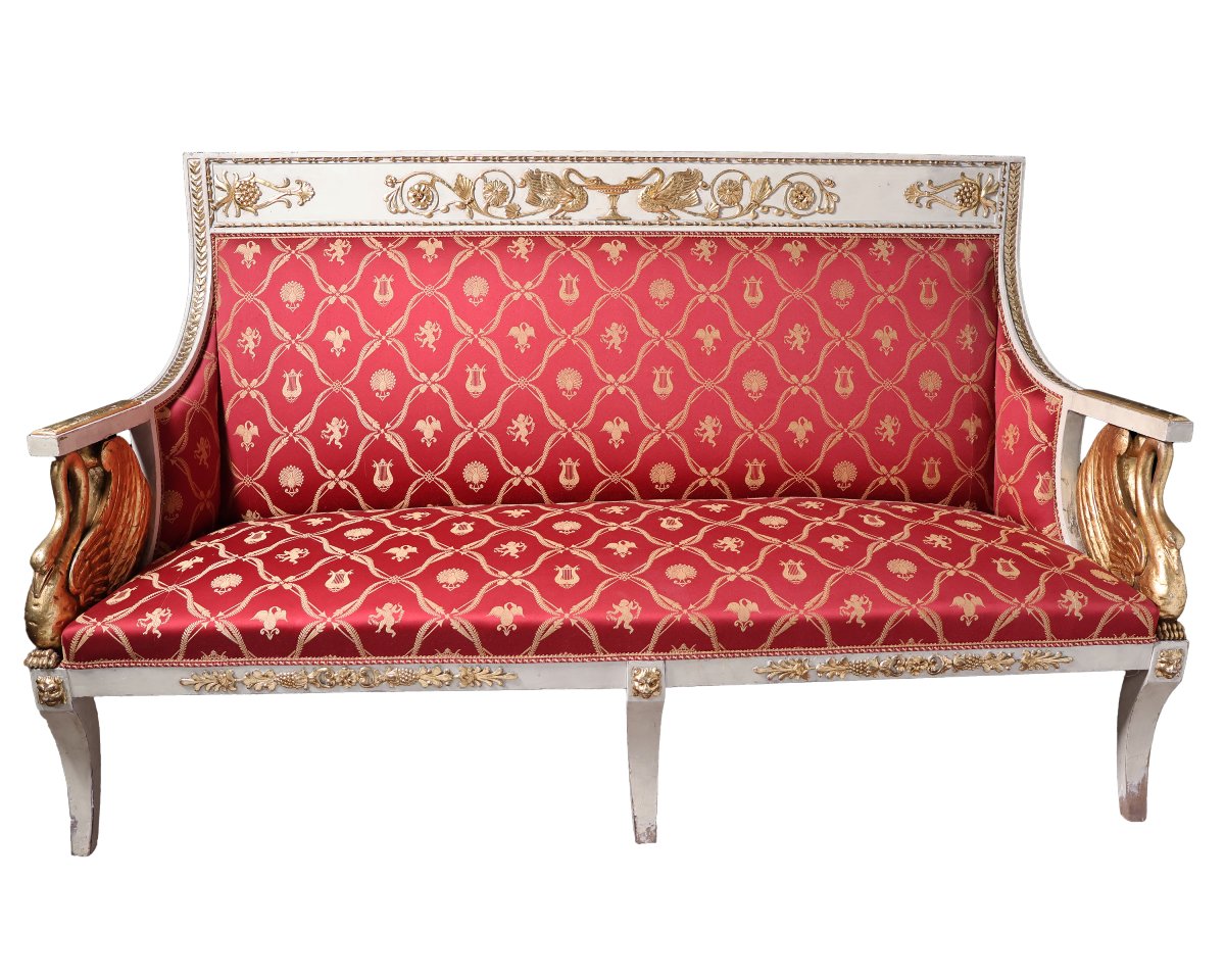 Canapé avec deux fauteuils laqués et dorés, Italie, XIXᵉ siècle-photo-3