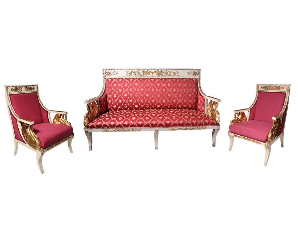 Canapé avec deux fauteuils laqués et dorés, Italie, XIXᵉ siècle-photo-4