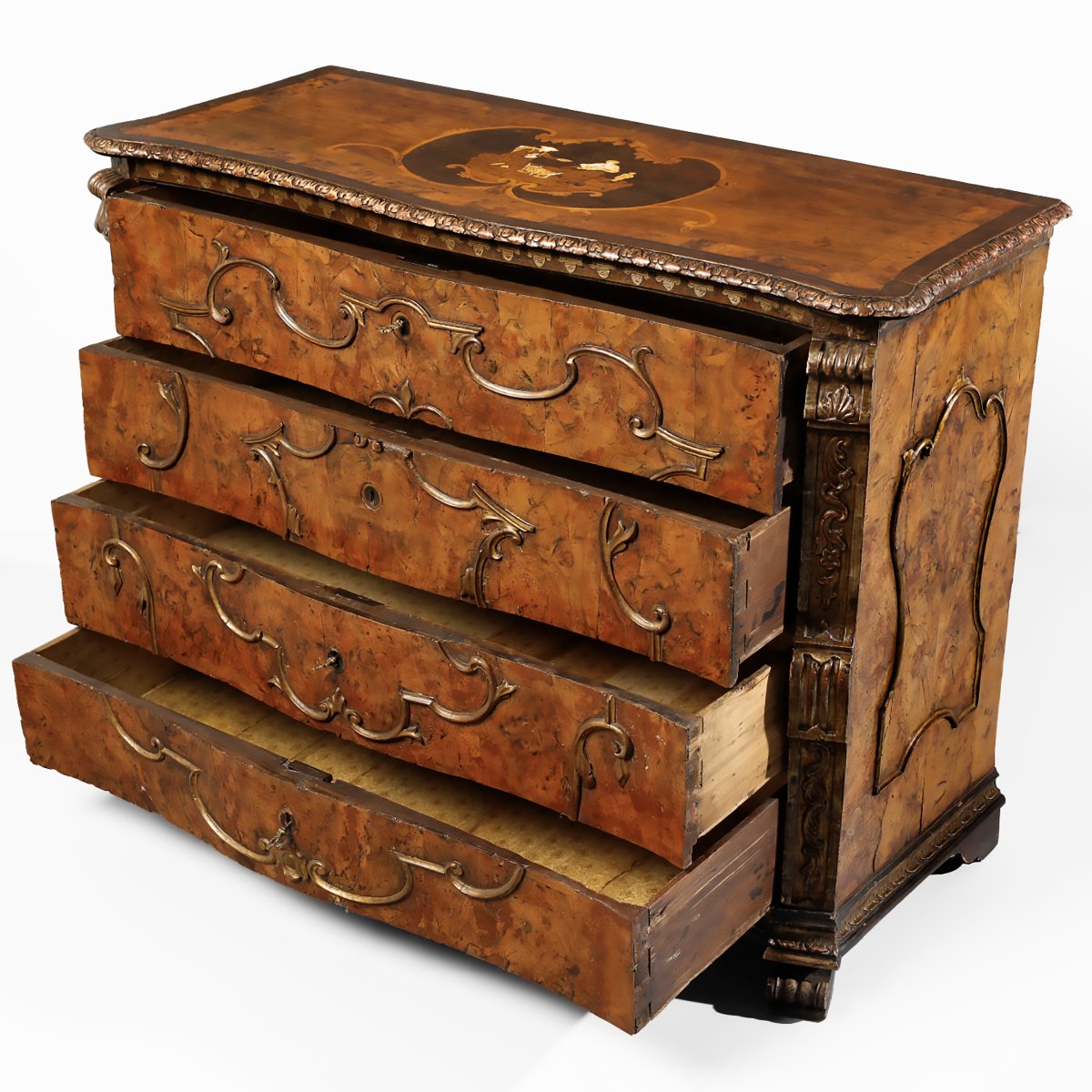 An Italian Walnut Burr Veneered Chest Of Drawers, Carved Pilasters, Lombardy, 18th Century-photo-2