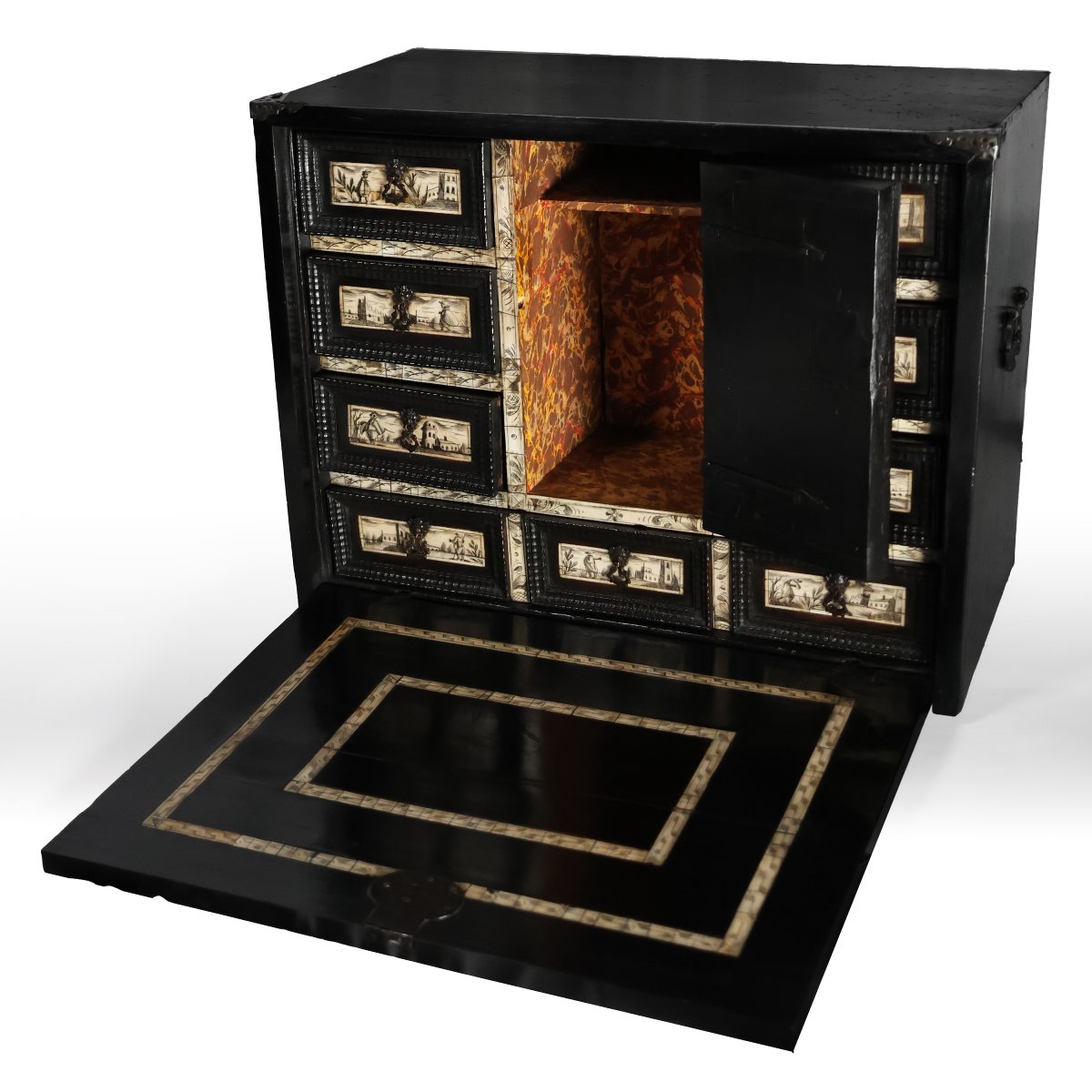 Stipo monétaire en bois ébénisé et panneaux en ivoire, XVIIᵉ siècle-photo-3