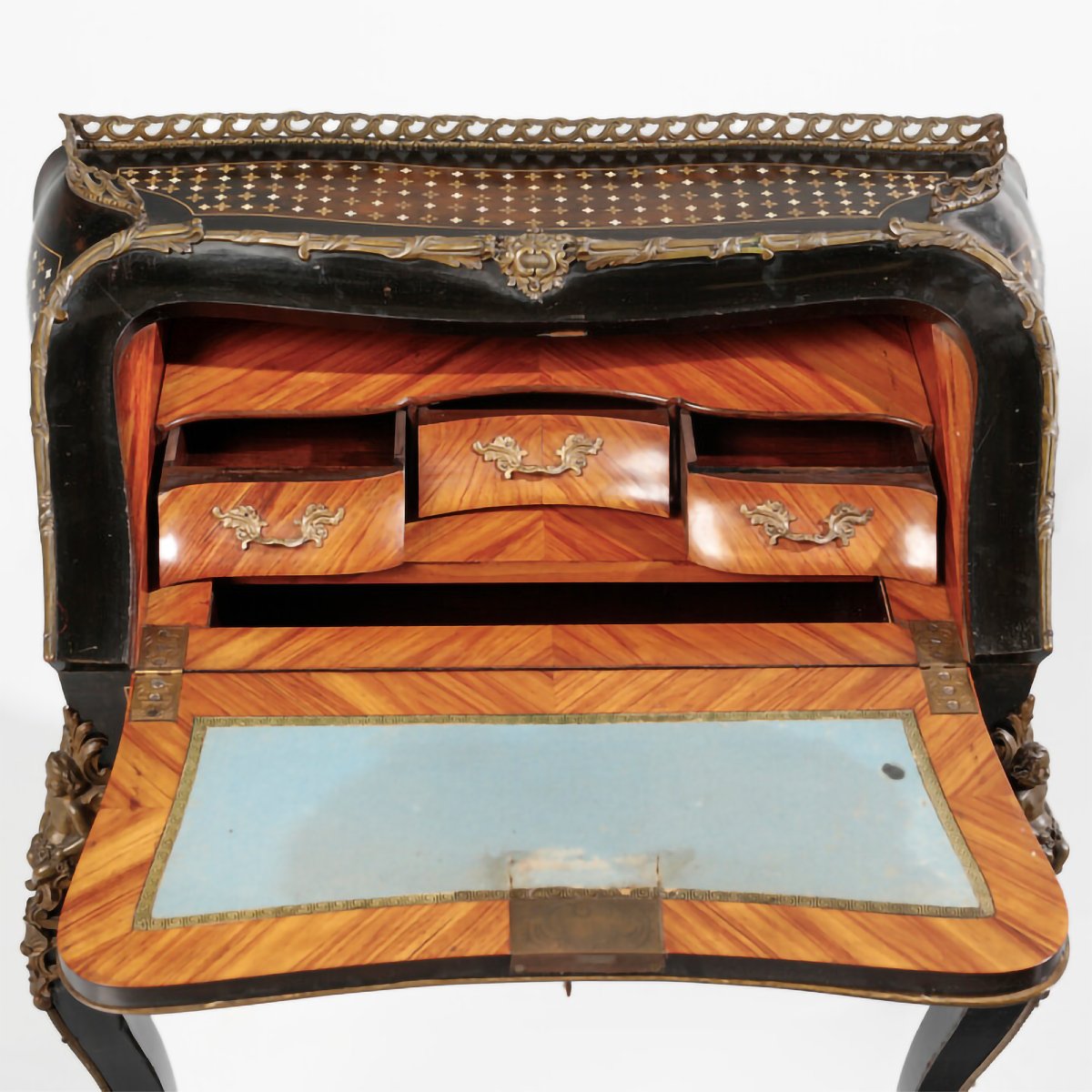 A French Ebonized Wood Drop-front Desk, Inlaid With Gilt Copper And Mother-of-pearl, 19th Cen.-photo-2