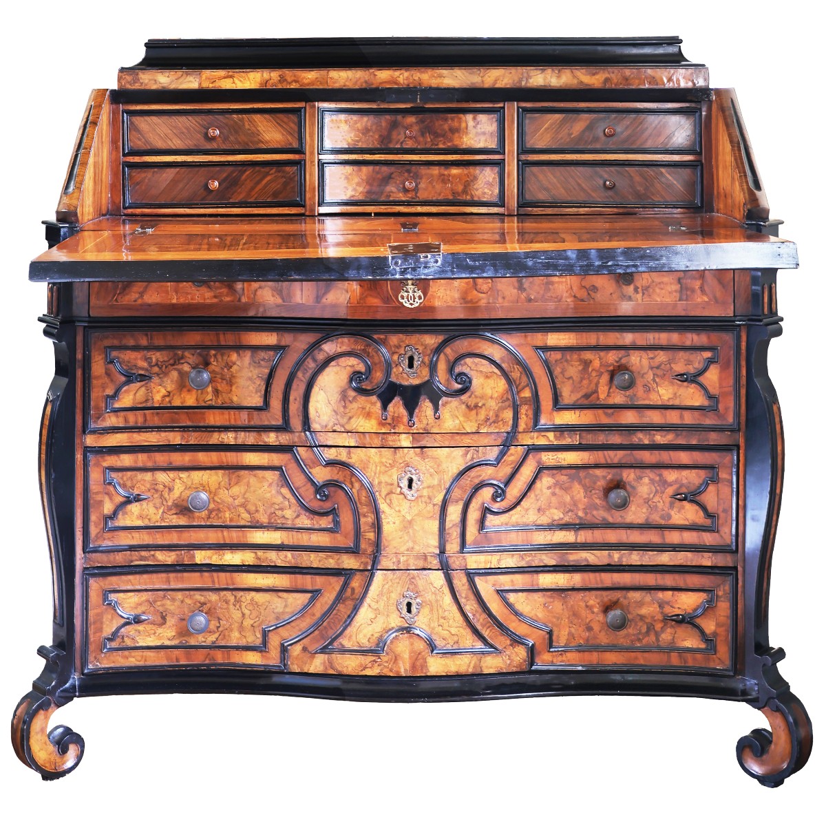 Bureau plaquée en bois et ronce de noyer, avec encadrements ébonisés. Lombardie, XVIIIᵉ siècle-photo-2