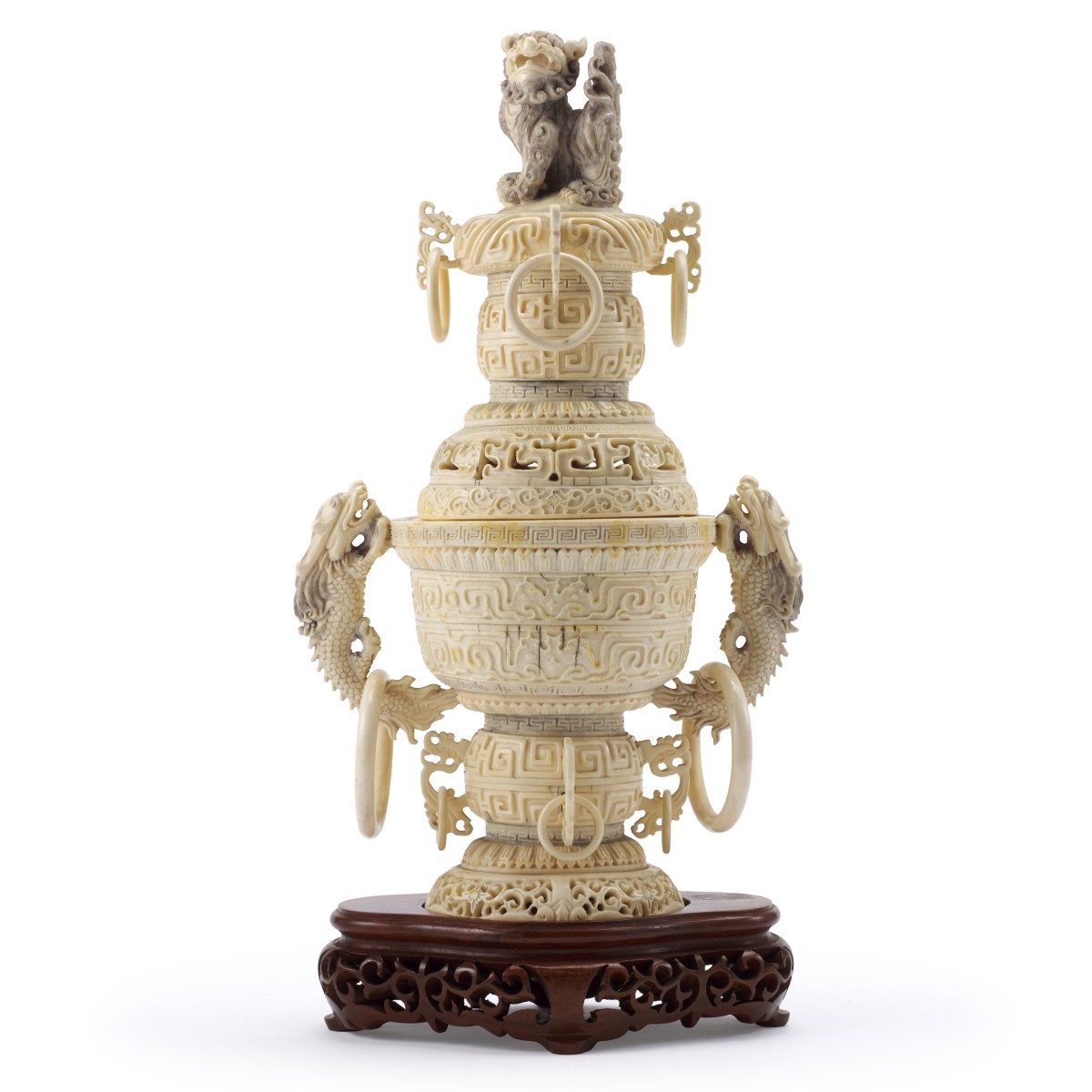 Brûle-parfum en ivoire sculpté, gravé et ajouré, Chine, dynastie Qing, fin du XIXe siècle