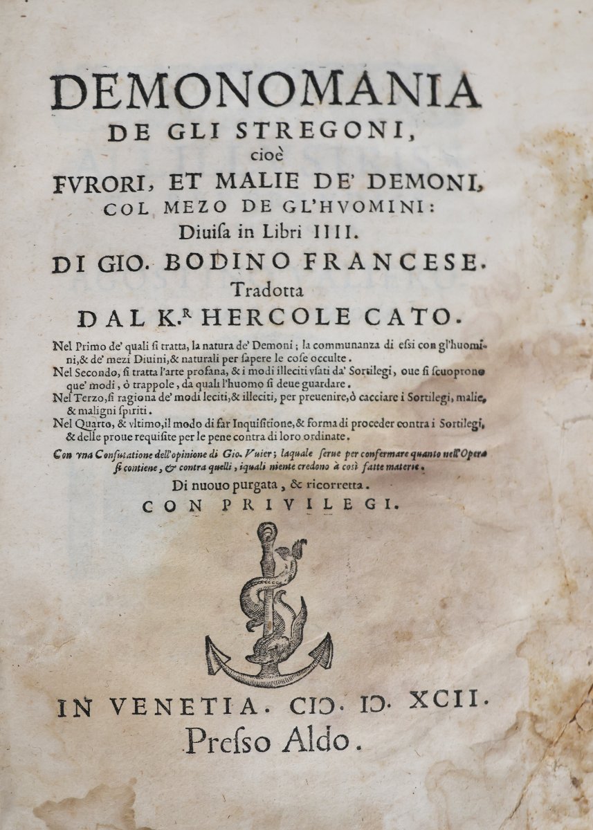 Bodin Jean. Demonomania De Gli Stregoni.. Di Gio. Bodino Francese.. In Venetia. Aldo. 1592-photo-2