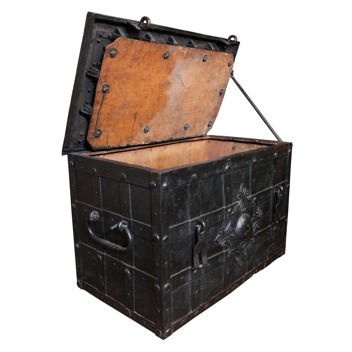 A North Italian Iron And Embossed Sheet Metal Strongbox, Late 17th Early 18th Century