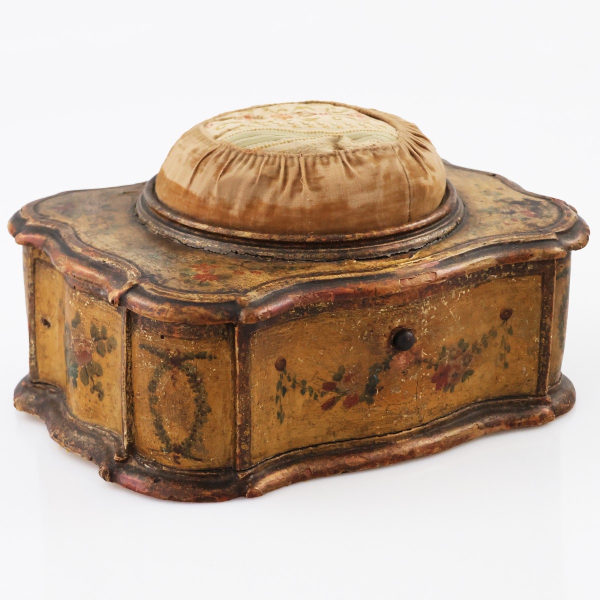 An Italian Lacquered Wood Pin Cushion Box With Polychrome Floral Decoration. Venice, 18th Cent.