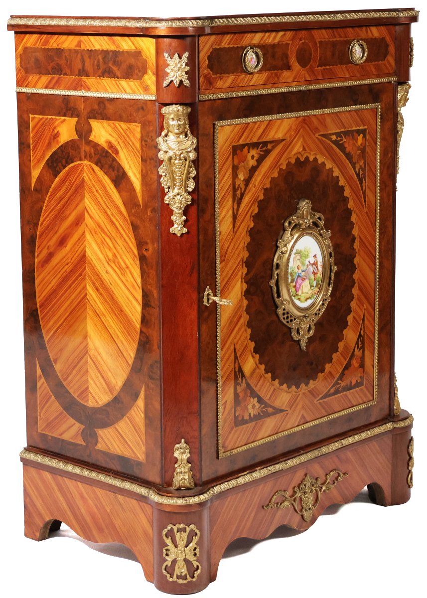 A French Rosewood Sideboard Inlaid With Various Woods, Porcelain Plaques, Late 19th Century-photo-2