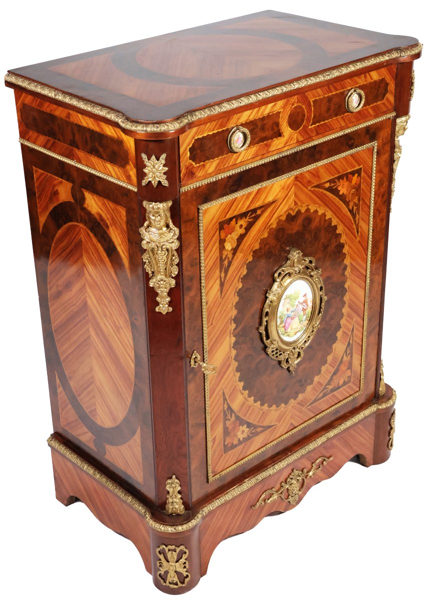 A French Rosewood Sideboard Inlaid With Various Woods, Porcelain Plaques, Late 19th Century-photo-3