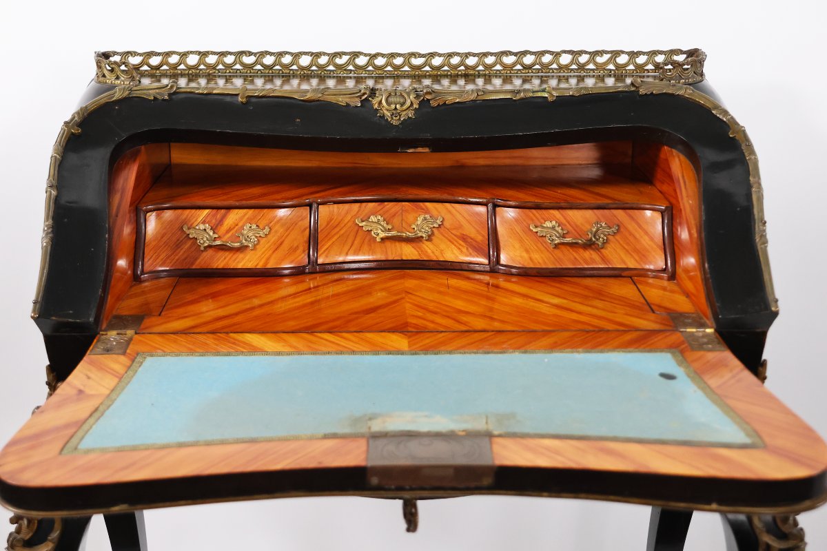 Écritoire à abattant en bois ébénisé marqueterie de cuivre doré et de nacre. France XIXe siècle-photo-4