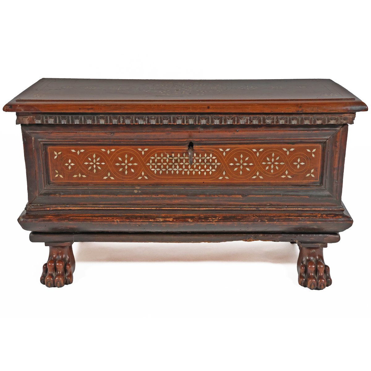 An Italian Carved Walnut Wood Chest With Bone Inlayds, Late 17th Century-photo-3
