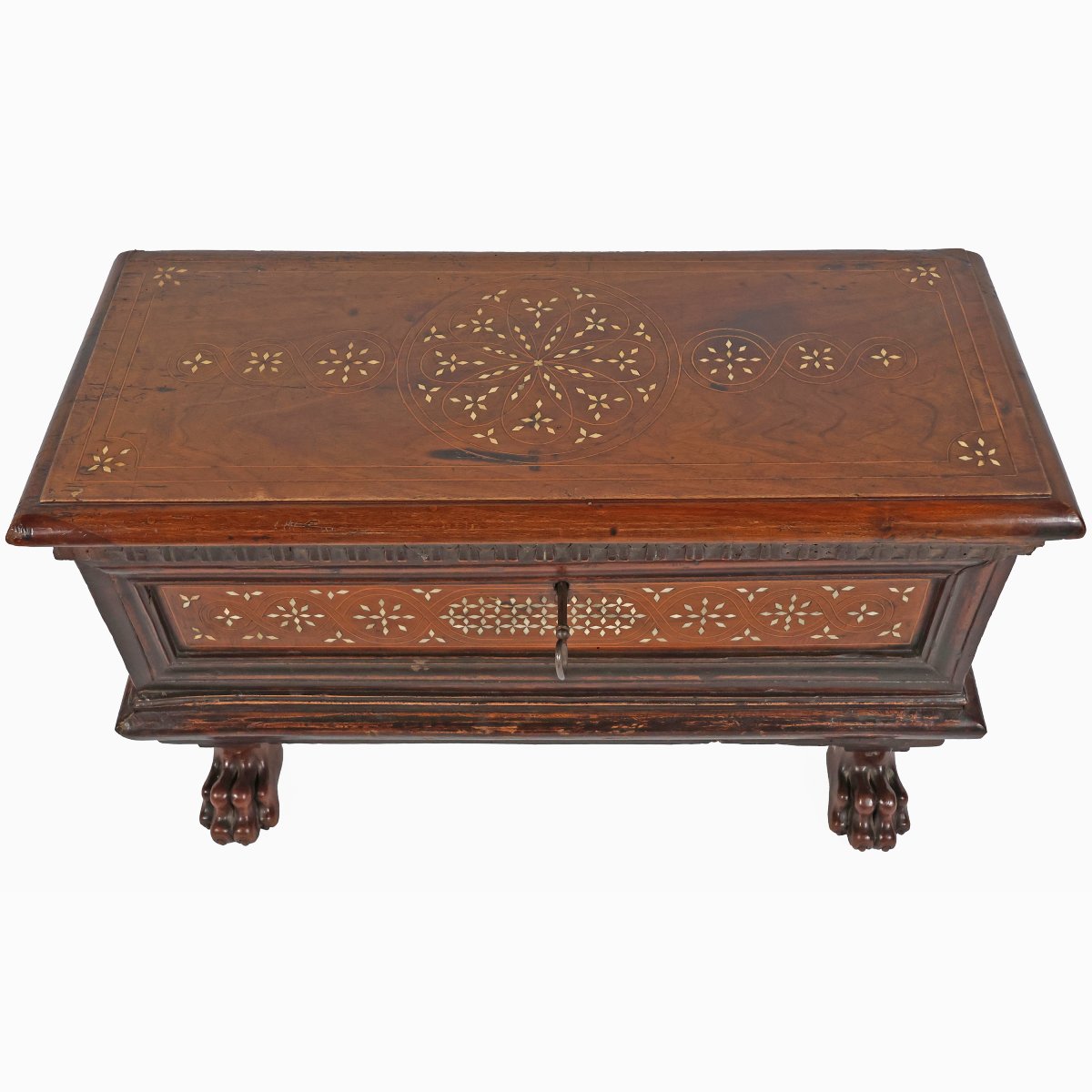 An Italian Carved Walnut Wood Chest With Bone Inlayds, Late 17th Century-photo-4