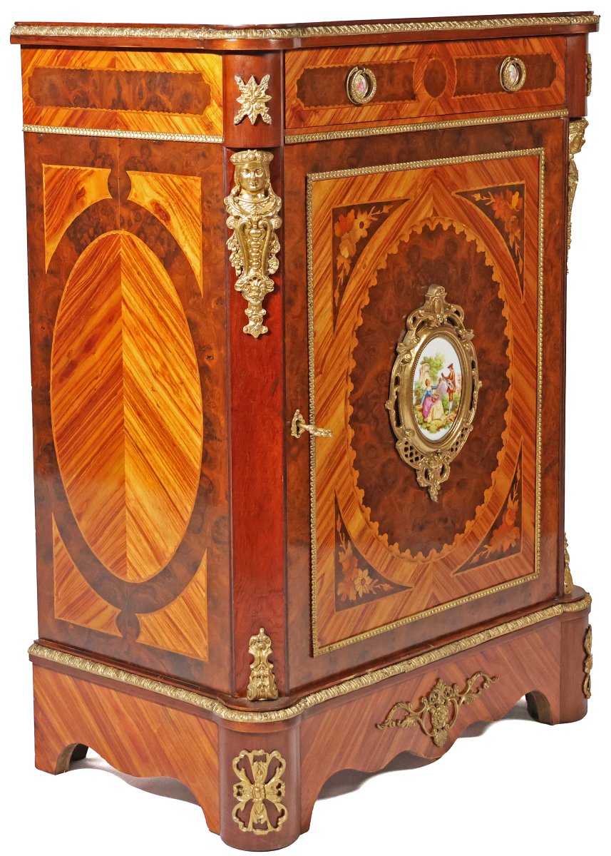 A French Rosewood Sideboard Inlaid With Various Woods, Porcelain Plaques, Late 19th Century-photo-2
