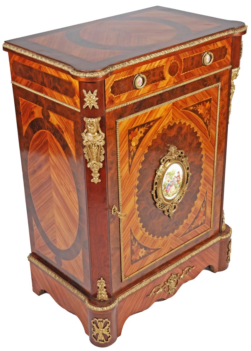 A French Rosewood Sideboard Inlaid With Various Woods, Porcelain Plaques, Late 19th Century-photo-3
