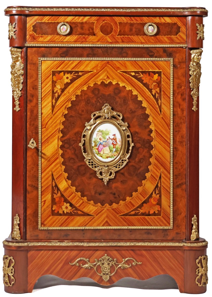 A French Rosewood Sideboard Inlaid With Various Woods, Porcelain Plaques, Late 19th Century