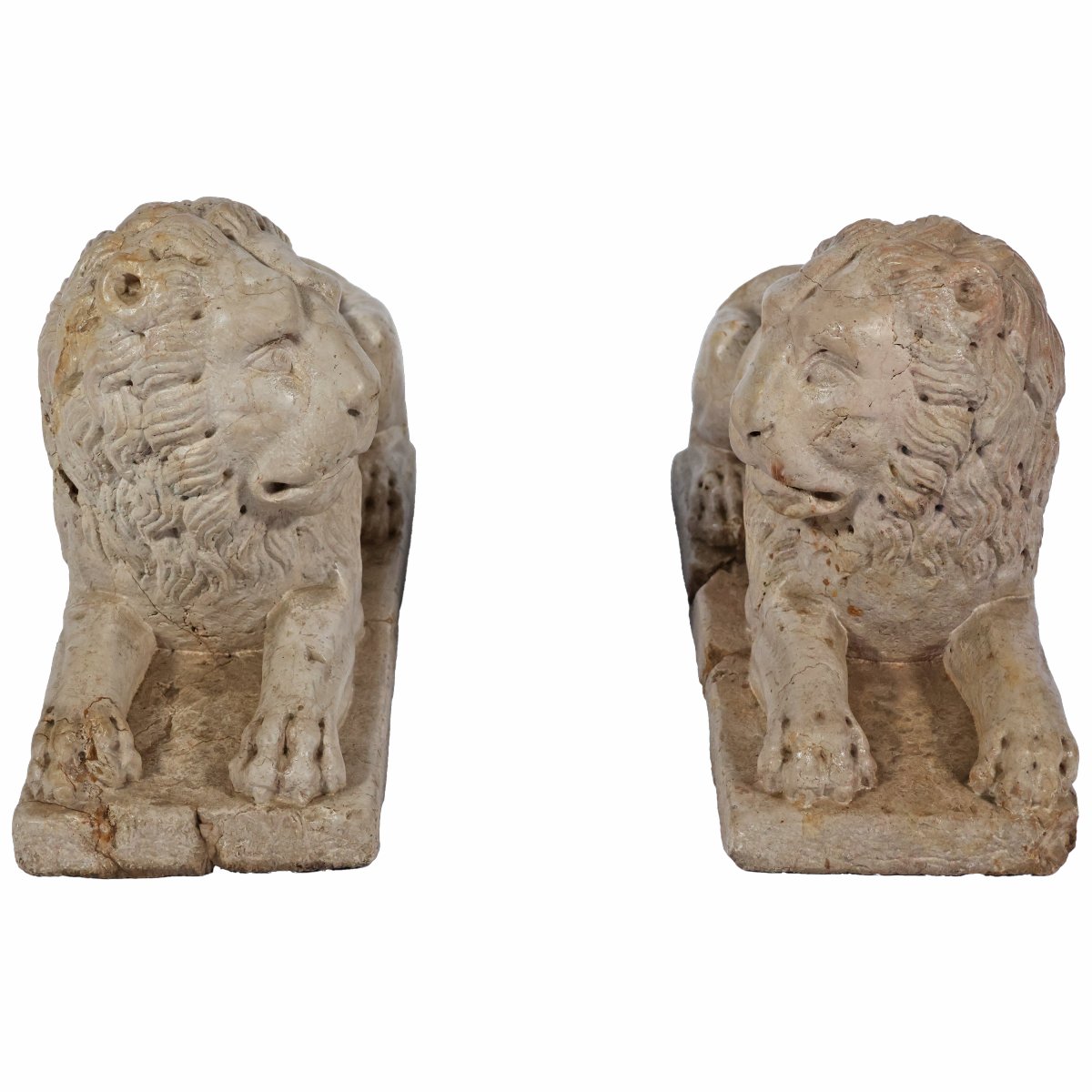 A Pair Yellow Marble Of Verona Recumbent Lions, North Italy, 16th-17th Century-photo-3