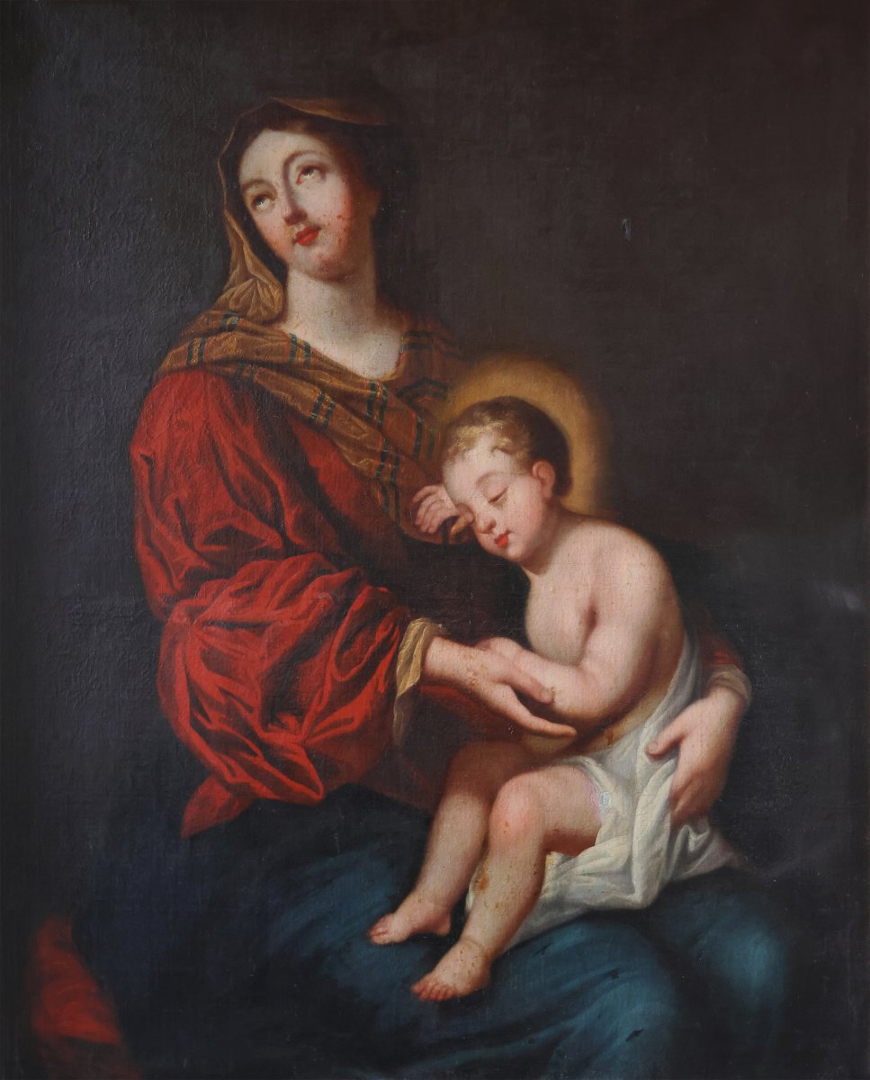 French School; Madonna And Child, 17th Century, Oil On Canvas-photo-2