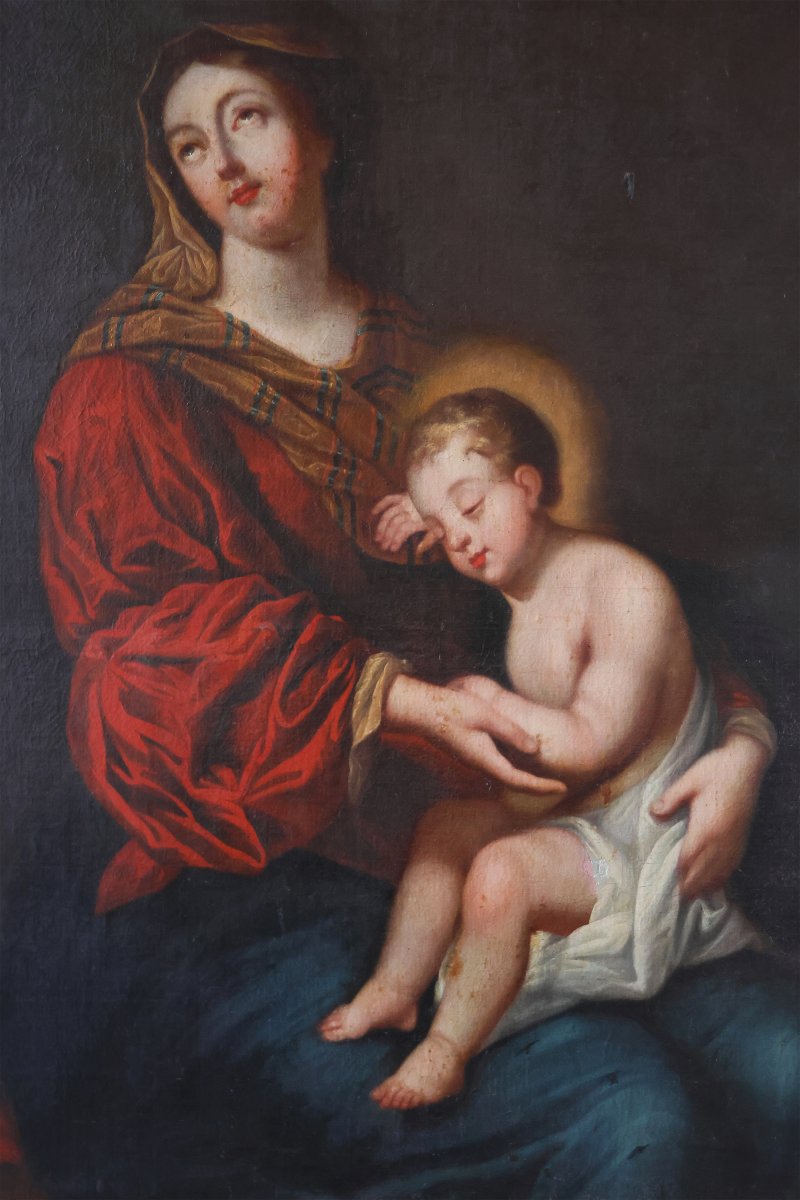 French School; Madonna And Child, 17th Century, Oil On Canvas-photo-3