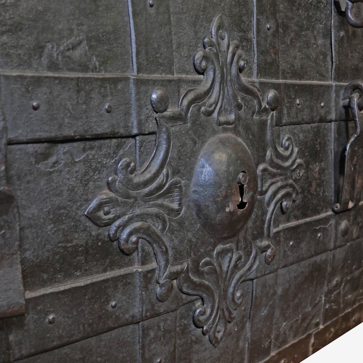 An Iron And Embossed Sheet Metal Strongbox, Late 17th Early 18th Century-photo-3