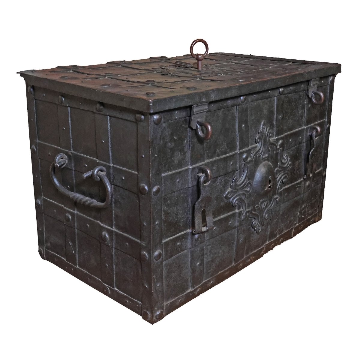 An Iron And Embossed Sheet Metal Strongbox, Late 17th Early 18th Century
