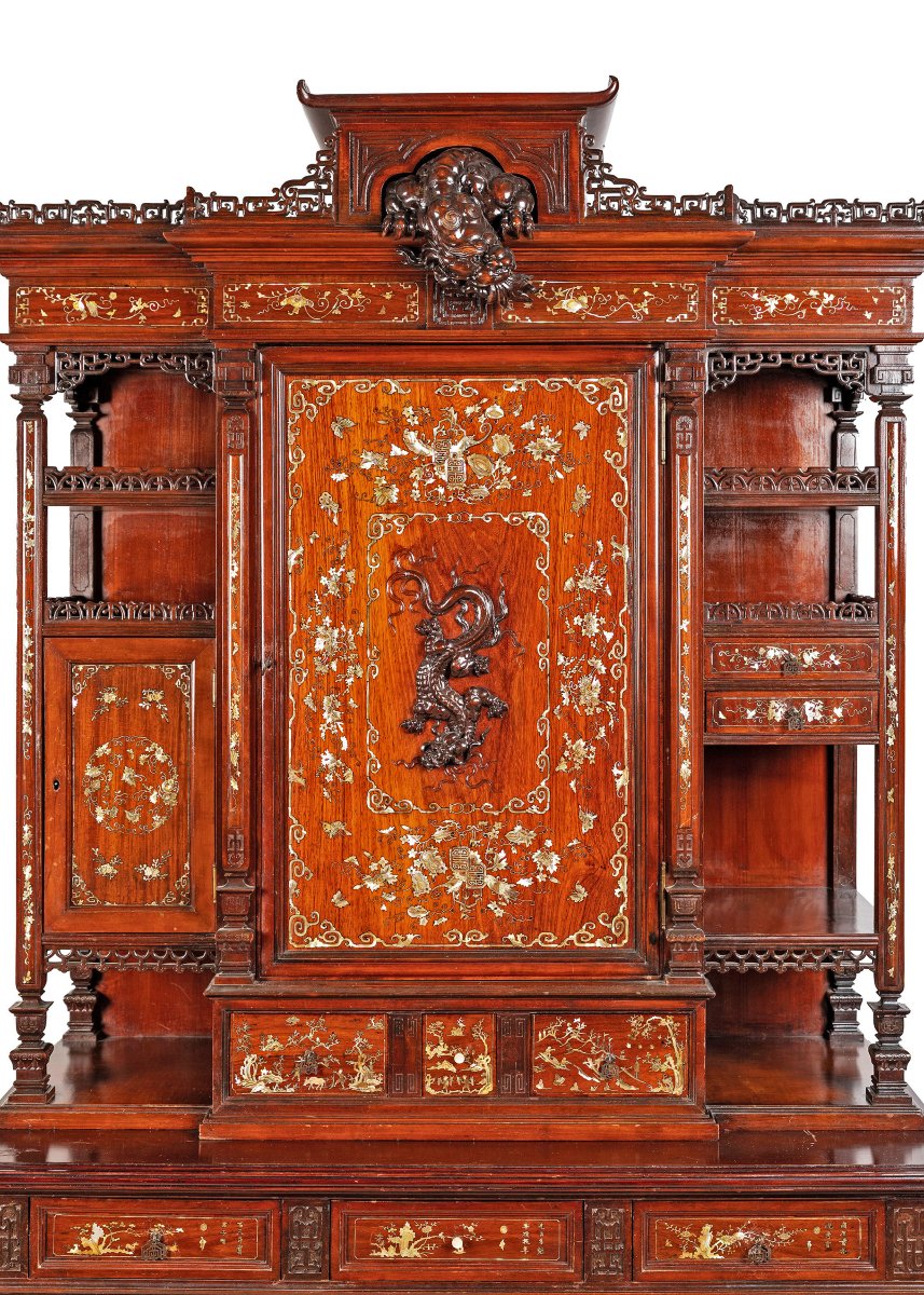Meuble à deux corps en bois avec incrustations de nacre. Gabriel Viardot, Paris, XIXe siècle-photo-2