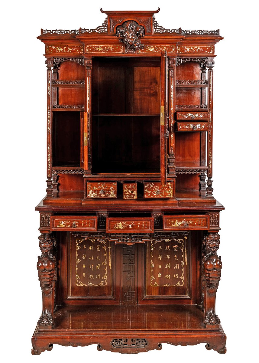 Meuble à deux corps en bois avec incrustations de nacre. Gabriel Viardot, Paris, XIXe siècle-photo-4
