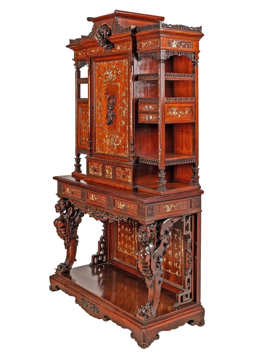 Meuble à deux corps en bois avec incrustations de nacre. Gabriel Viardot, Paris, XIXe siècle-photo-1