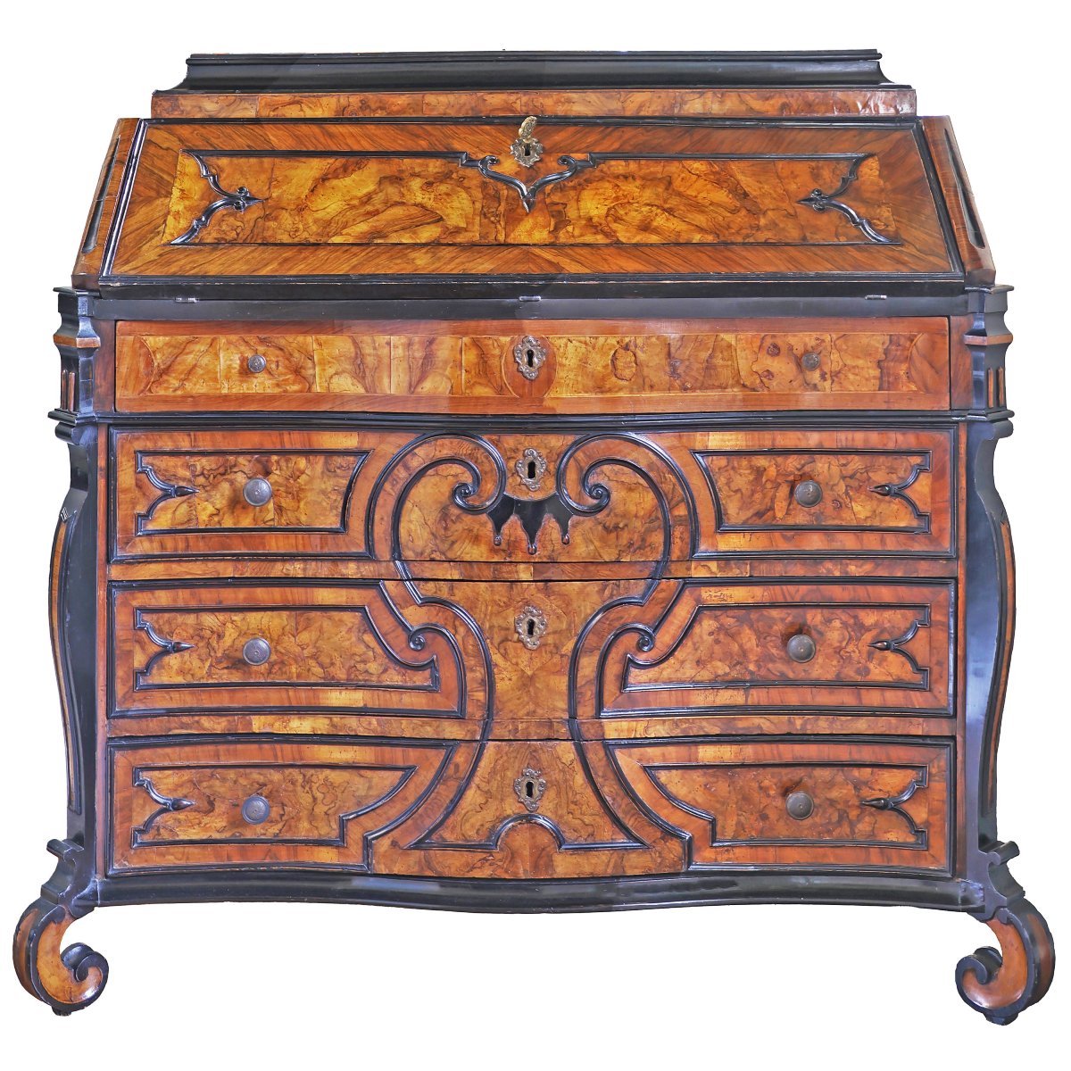 An Italian Walnut, Burr Walnut Inlaid Fall-front Bureau, Lombardy, 18th Century